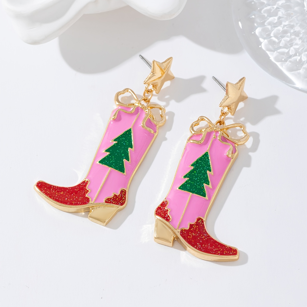 TEMU 1 Pair Christmas Pink High Heels Earrings Christmas Tree Star Festive Atmosphere Ear Jewelry Accessory Gift
