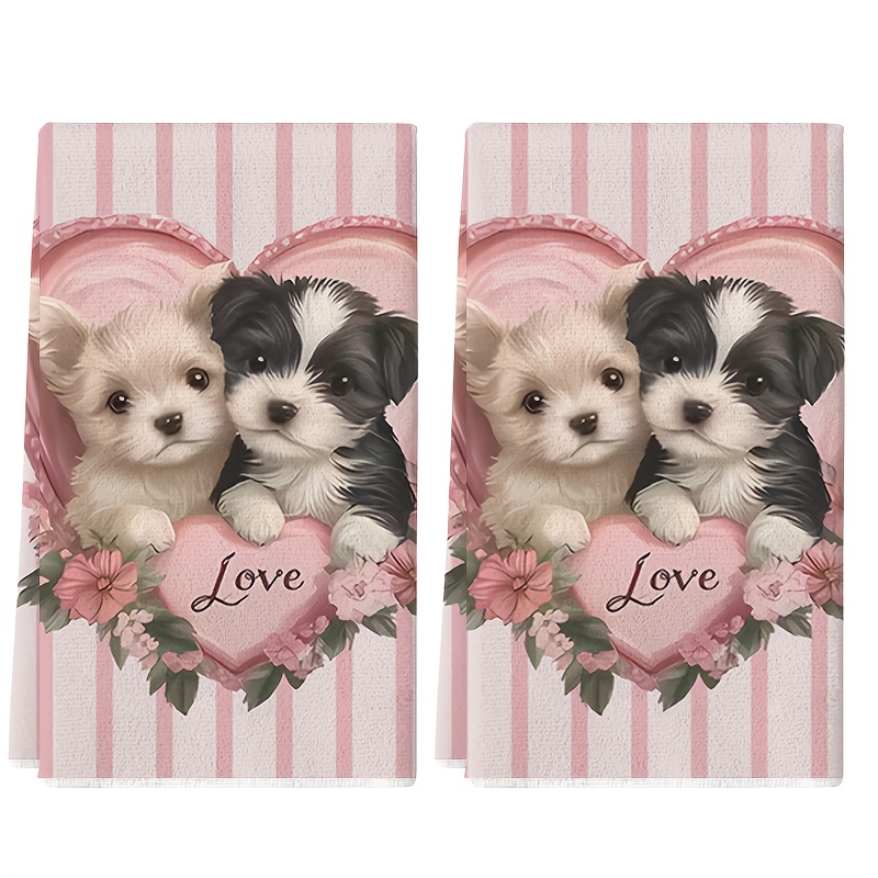 TEMU 2-pack, Pink Cute Dog Print Kitchen Towels, 40*60cm, Polyester Tea Towels, Dish Towels Birthday Gifts, Kitchen Bathroom Decoration, Scouring