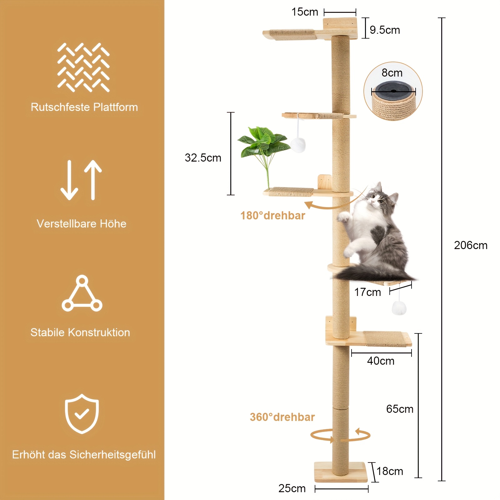 Wall Mounted For Cat Tree | 206 Cm Natural Rubber Wood, With Widened Base, Plush Balls, 360° Rotatable, Xxl Climbing Tree For Cats For Climbing, Scratching