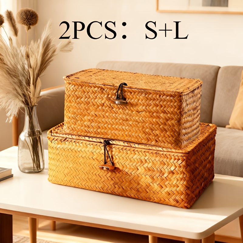 2pcs Liushaduola Woven Storage Basket With Lid - & Small Handmade Suitable For Home, Office Desk, Box For,, Crafts, Gift Box, Rustic Decor, Space- Basket
