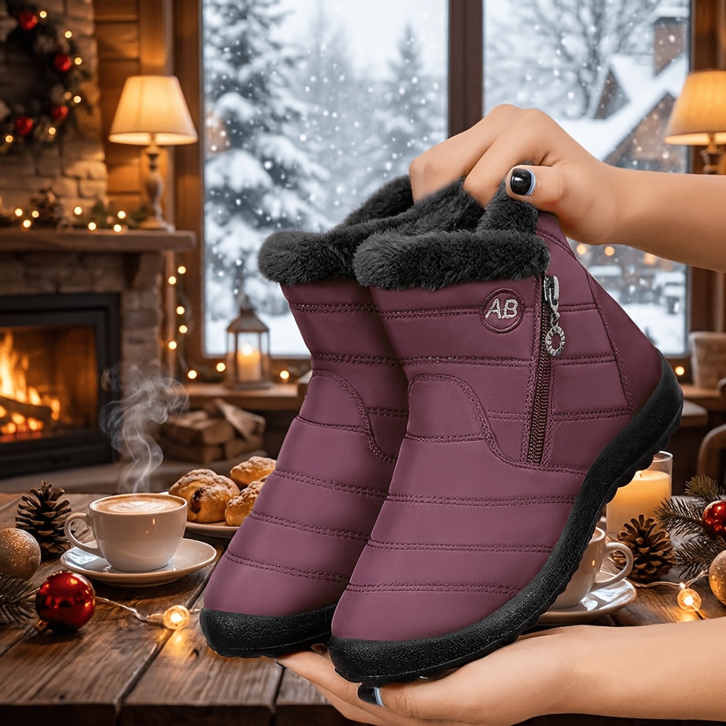 Solid Color Women's Hiking Snow Ankle Boots, Warm Outdoor Wear