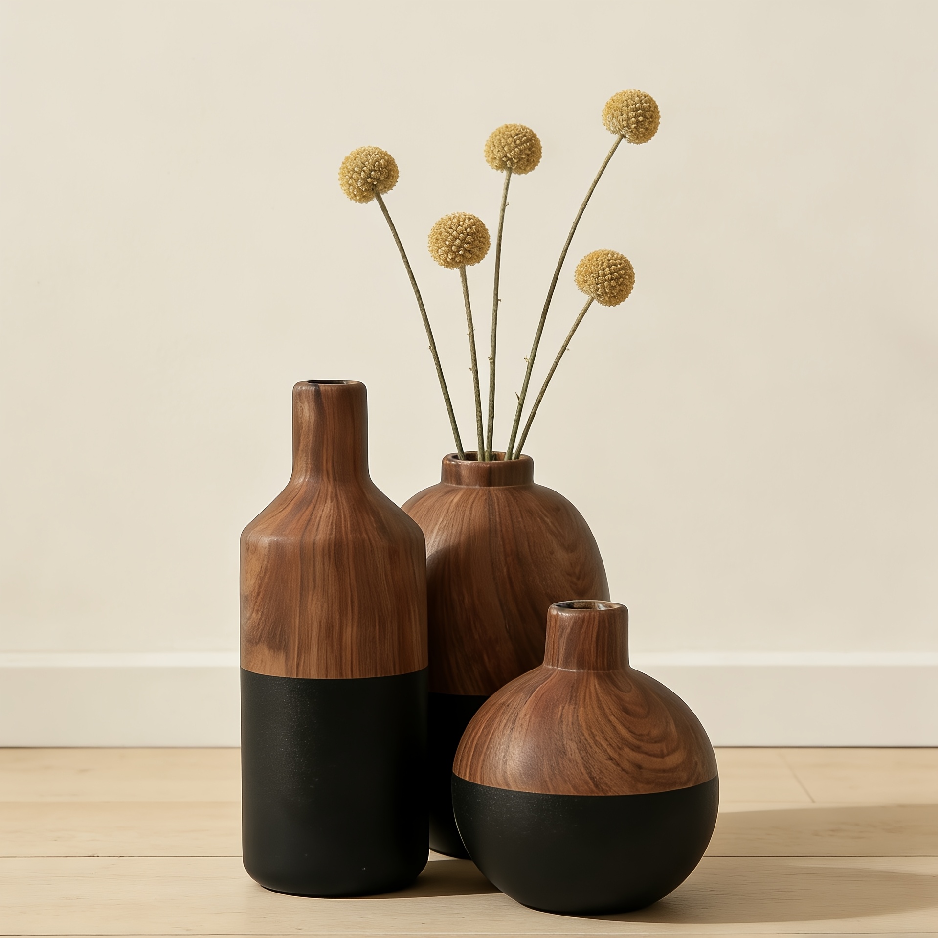 3pcs Wood Grain/Stone Texture Ceramic Vase Set Wabi-Sabi Decorative Flower Pot Ornament Japanese Rustic Style Desktop Home Resident B&B Soft Decoration Dried Flower Arrangement Floral Art All-Match Premium