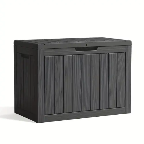 46gallon deck box wood grain outdoor storage box weatherproof and uv resistant resin package delivery and storage box with lockable lid for patio furniture cushions pool accessories garden tools outdoor box cabinet rack for outdoor storage