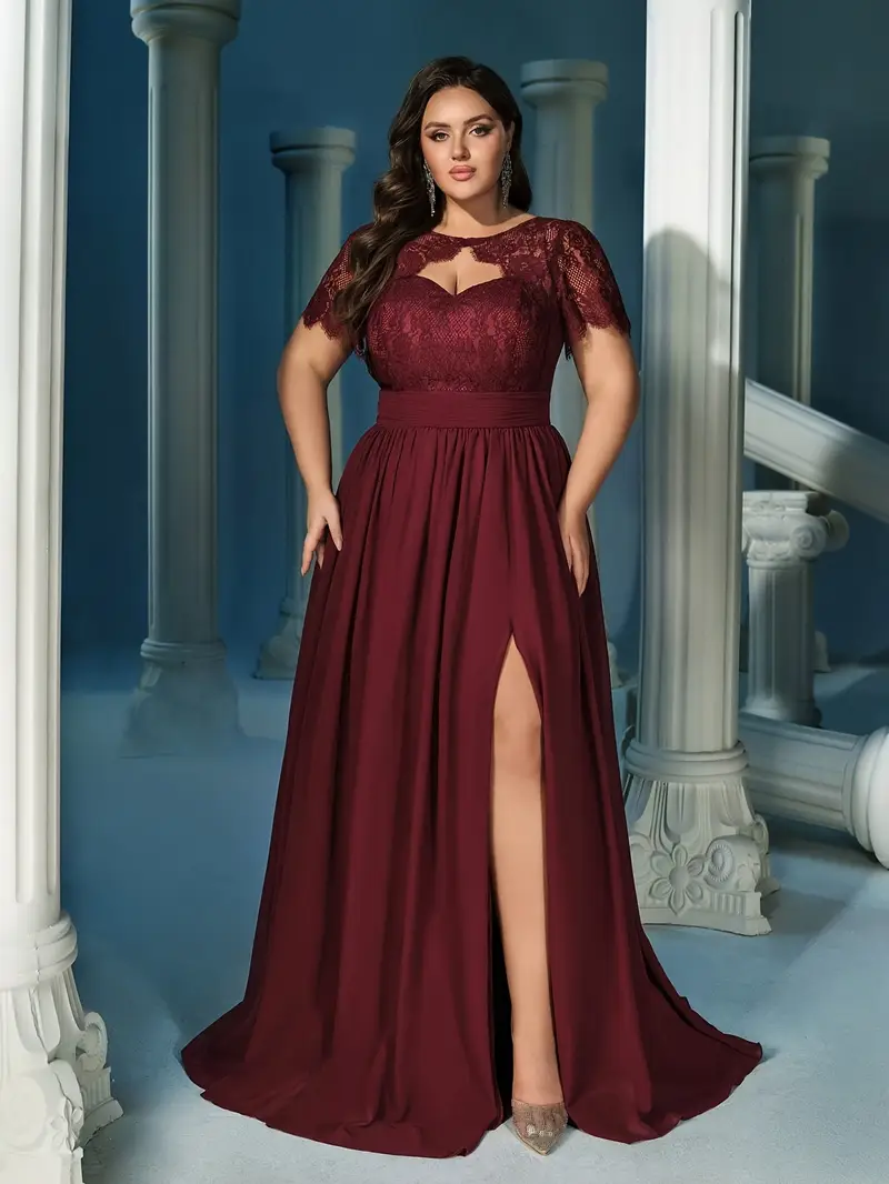 plus size red bridesmaid dresses Ever-Pretty Shop Chiffon A-Line Short Sleeves with Bowknot High Slit Bridesmaid Dress