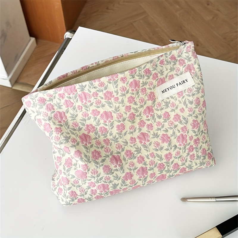 TEMU Pink Floral Large Makeup Bag, Cosmetic Organizer, Portable Travel Essential Storage Bag, Gift For Girlfriend Or Mother, Zippered Makeup Bag