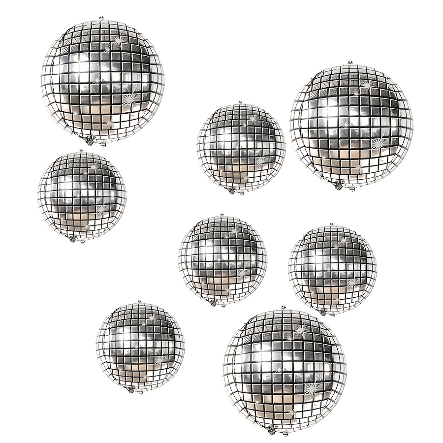 TEMU 8pcs Silvery Sphere Balloon Set - 4d Reflective Party Decorations, Foil Material, 10 Inches/18 Inches, Suitable For Concert-themed Birthday