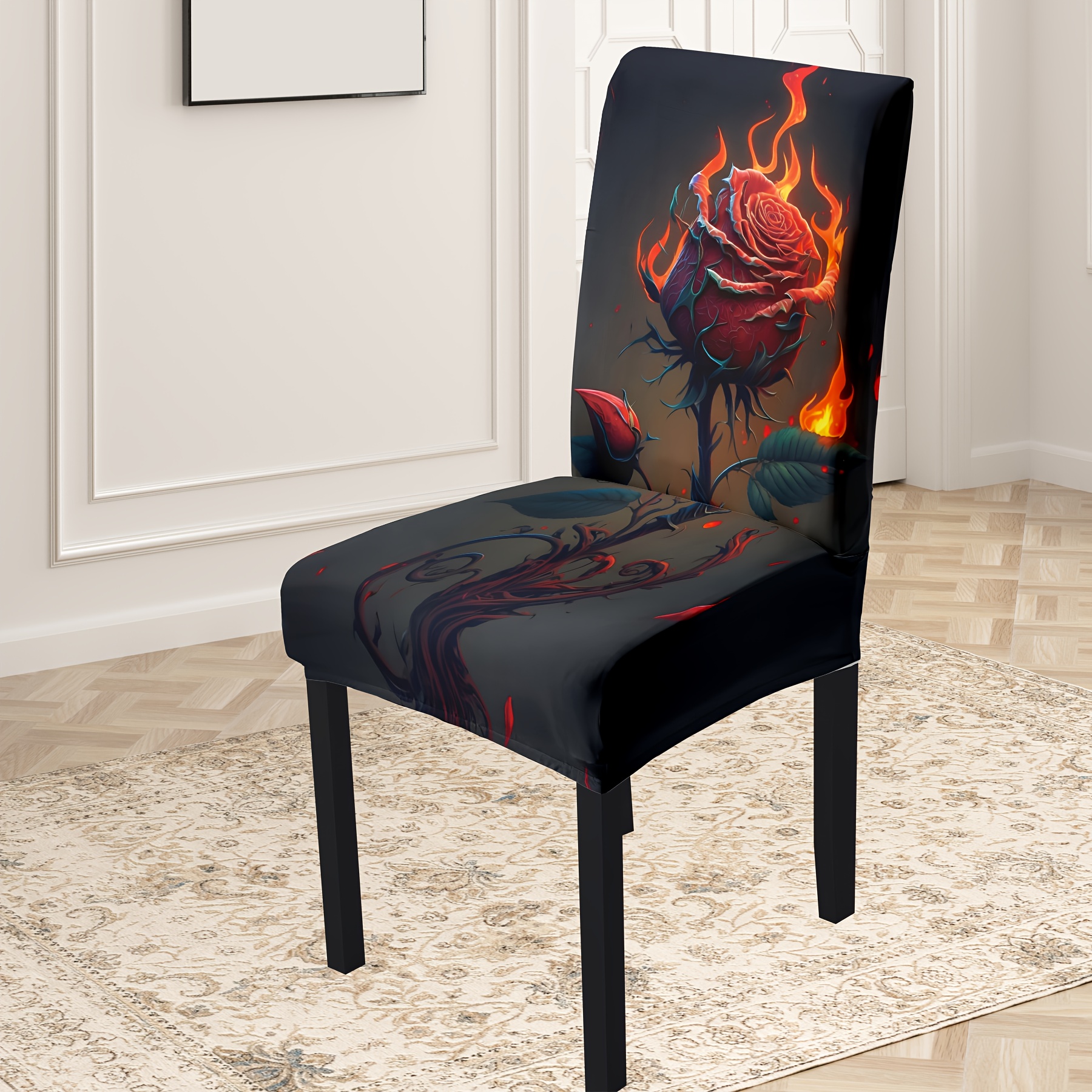 

Open; 4pcs/6pcs Flame Rose Decorative Chair Covers, Fabric, Suitable For Indoor Home And Restaurant Decoration; Beautiful, Dust-proof And Dirt-resistant, Used Repeatedly