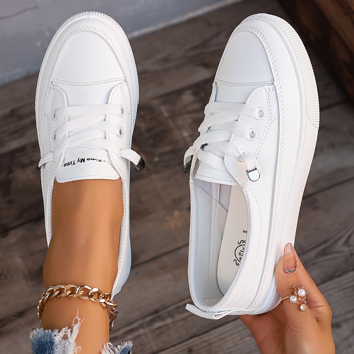 

Comfortable & Versatile Women's Casual Sneakers - Elegant White, Lace-up, Low- With Soft Fabric Lining & Rubber Sole, Cover, All