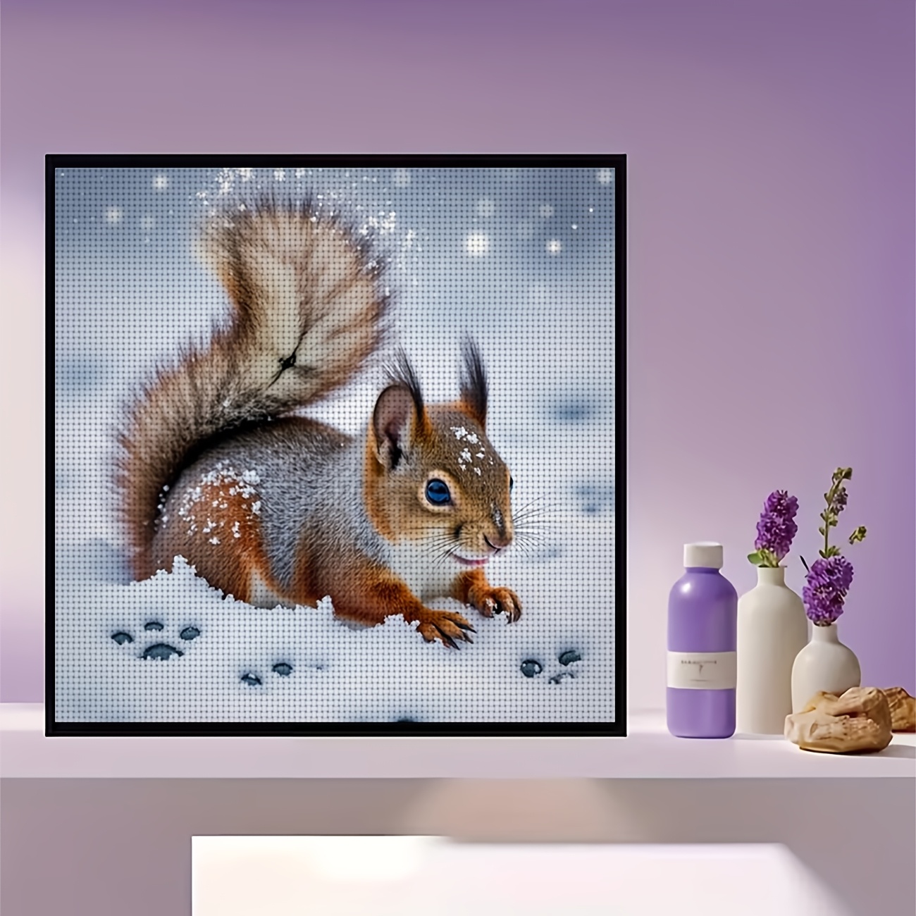 DIY Cross-Stitch Printed Kit, Squirrel in Snow with Snowflakes