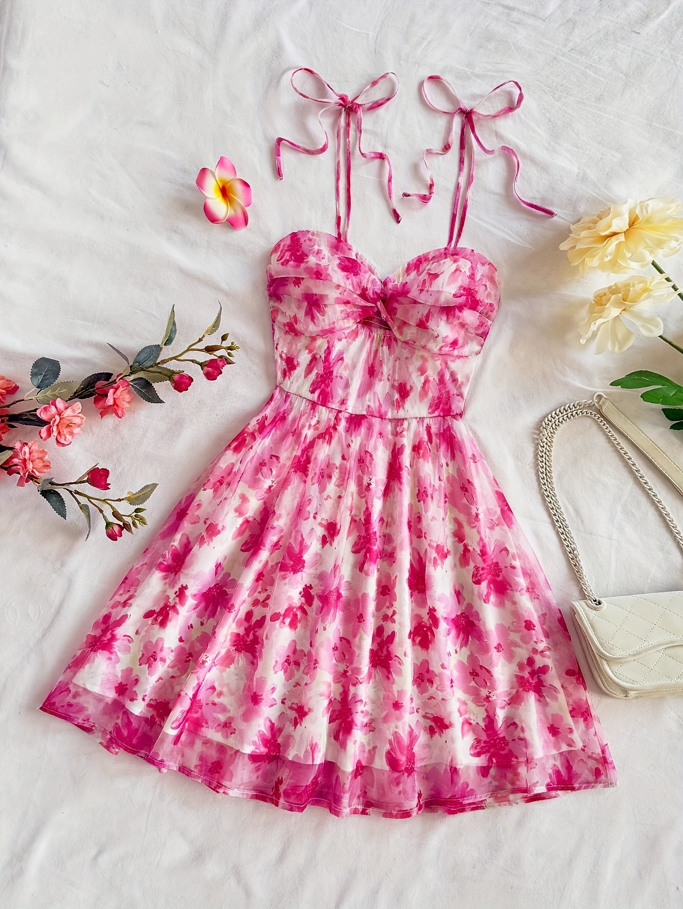 womens pink floral print mini dress lace detail y2k style - Temu Kuwait