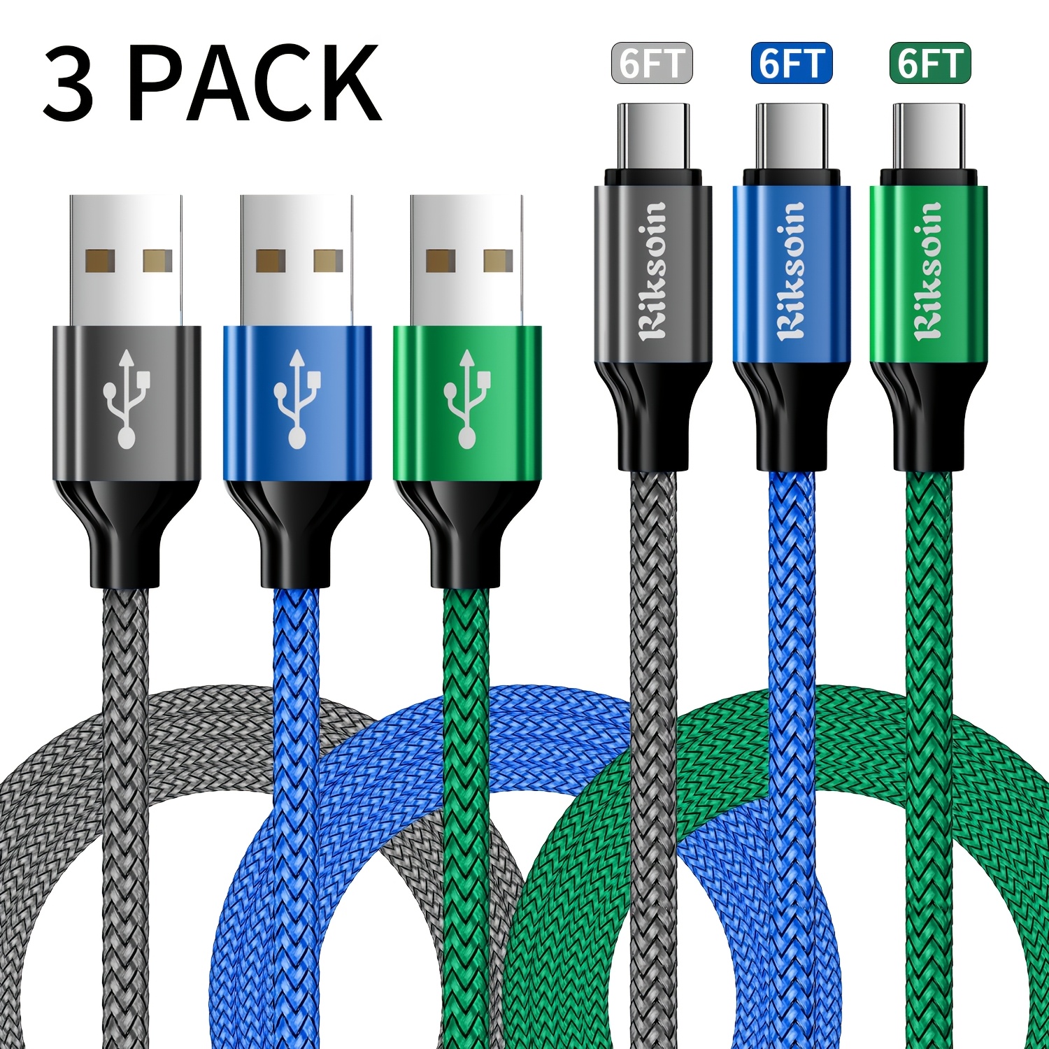 3pack Riksoin Fast Charging Cable, Usb C Nylon Braided Cord Charging For Type- Compatible With Iphone 16/15 Pro Max, Google,, Data Transmission, 3ft/6ft/9ft