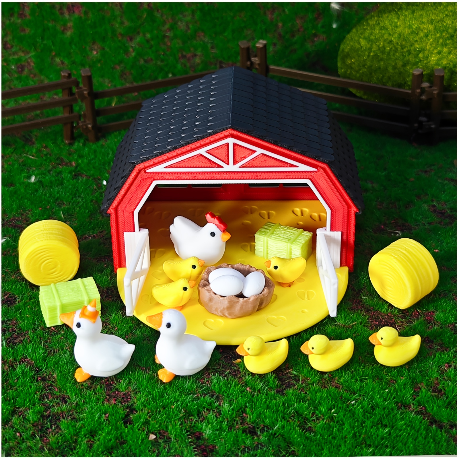 18pcs Barnyard Chicken Coop Decoration Set Figurines - Rooster, Hen, Chicks, Goose, Eggs Home Garden Landscape Ornaments, Desk Decorations