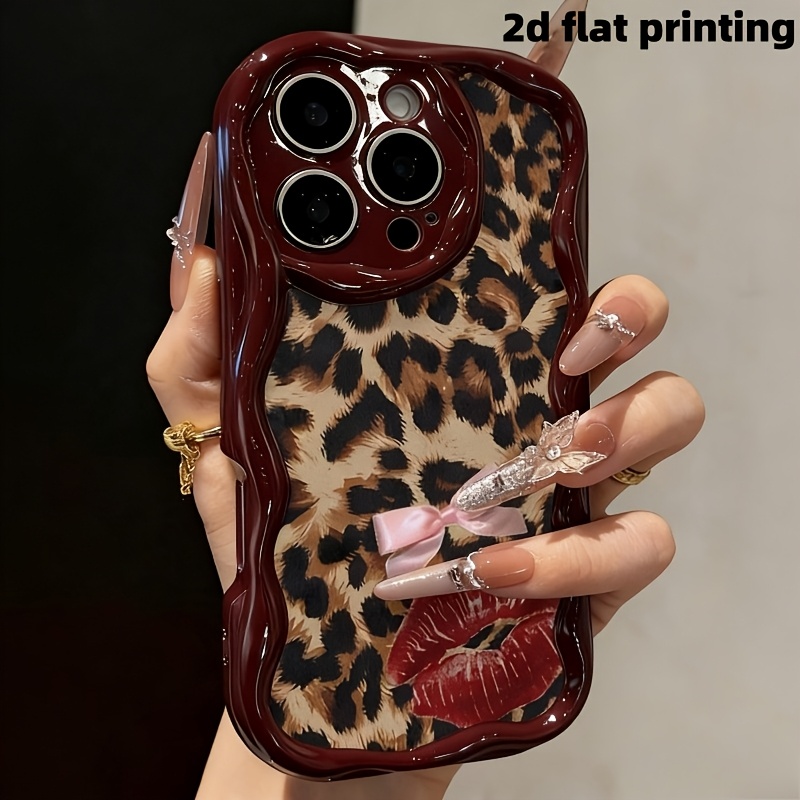 TEMU Coque de téléphone - Coque de téléphone à impression plate 2D - 1pc Imprimé léopard Nœud Ondulation Bord Crème Design Anti-chute Coque souple,