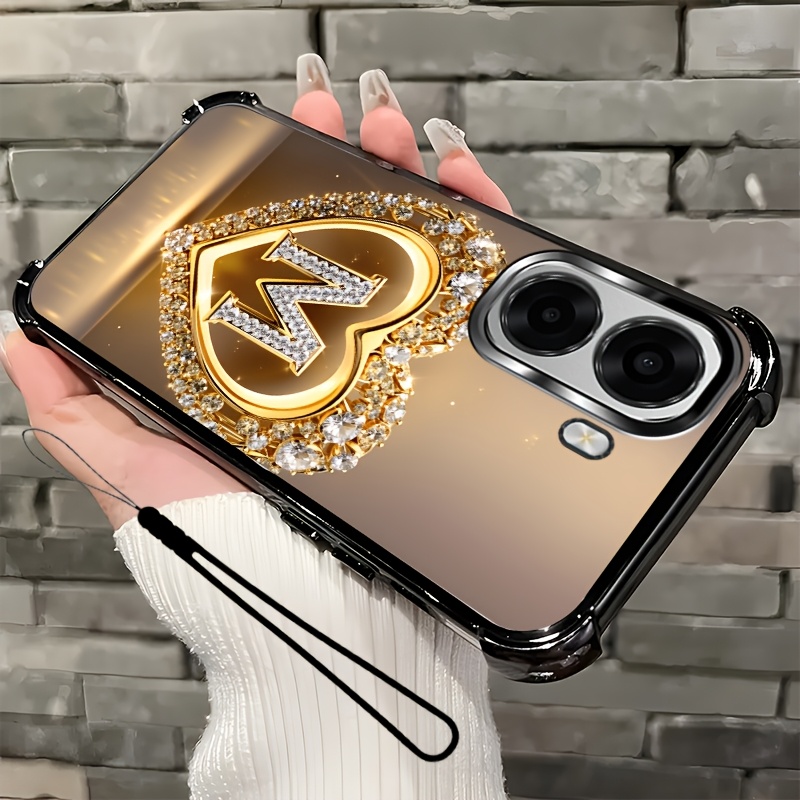 TEMU Phone Case: 2d Flat 2pcs Set: Includes 1 Phone Case + 1 Strap,heart-shaped Letter 2d Flat, Phone Case,suitable For Oppo A6x,unisex Lanyard Phone