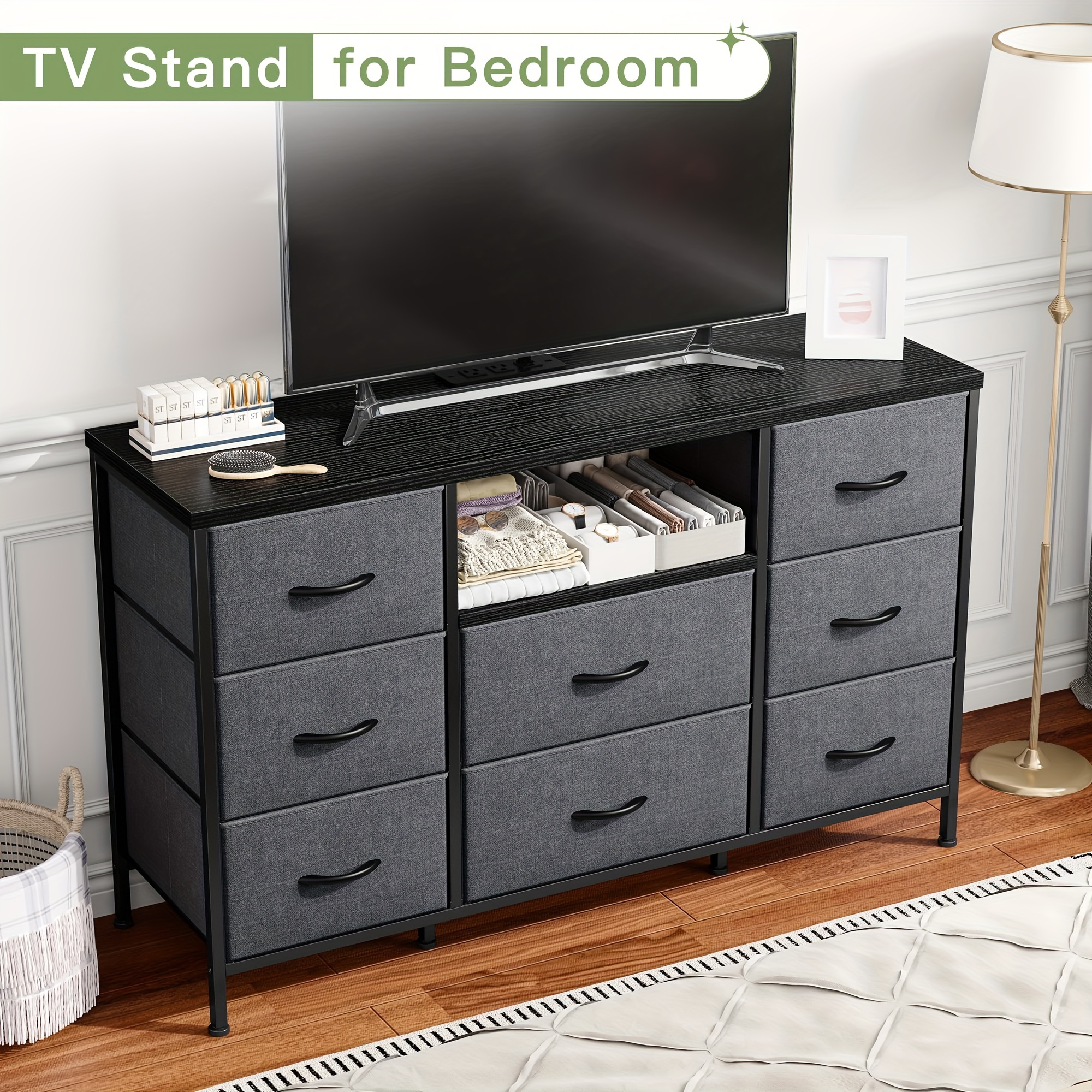 

Dresser Tv Stand With Power Outlet Entertainment Center With 8 Fabric Deep Drawers Media Console Table For 55" Tv Wide Storage Drawer Dresser For Bedroom, Living Room, Entryway, Grey