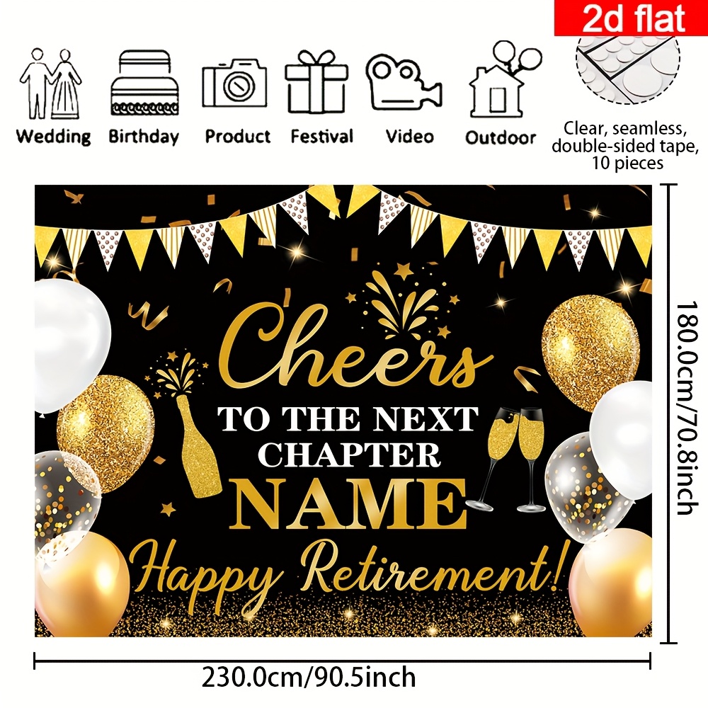 TEMU 2d Flat Banner 1pc Customizable Name Retirement Farewell Party Banner, Polyester Cheers To The Next Black Theme Photography Backdrop,