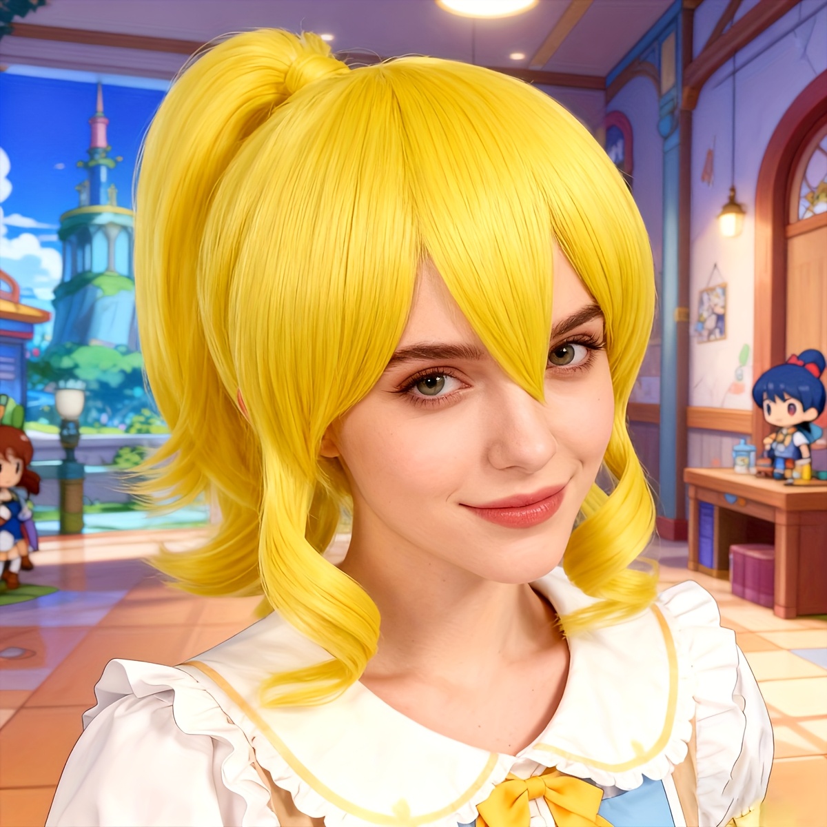 Image of 2d Same Style Golden Twin-tail Cosplay Wig, Detachable Twin-tails And Daily Single-tail Dual-use Styling, Fluffy Wavy Hair, High-temperature Fiber Material For Light Styling