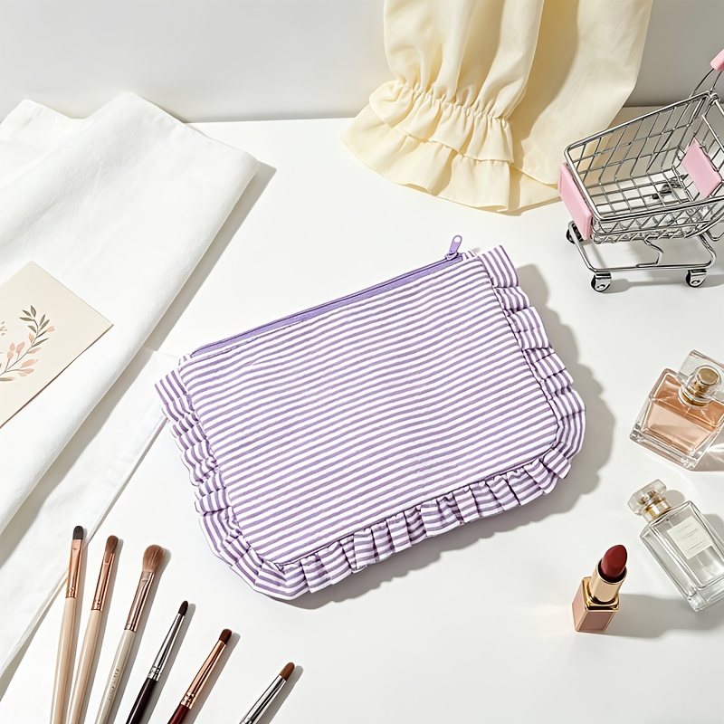 TEMU Trousse de Cosmétique à rayures pastel avec bordure à volants, sac à cosmétiques de voyage portable à fermeture éclair en tissu doux, grande