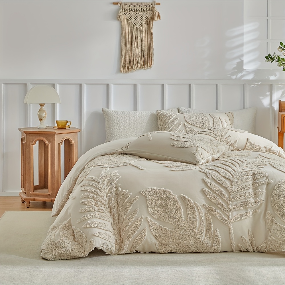 3D Leaf Pattern Duvet Cover Set 2/3pcs Set - High-Quality Tufted Craft, Distressed Style Washable Bedding, Soft Breathable Khaki Bedroom Decor, Multi-Size Available, All-Season Bedding