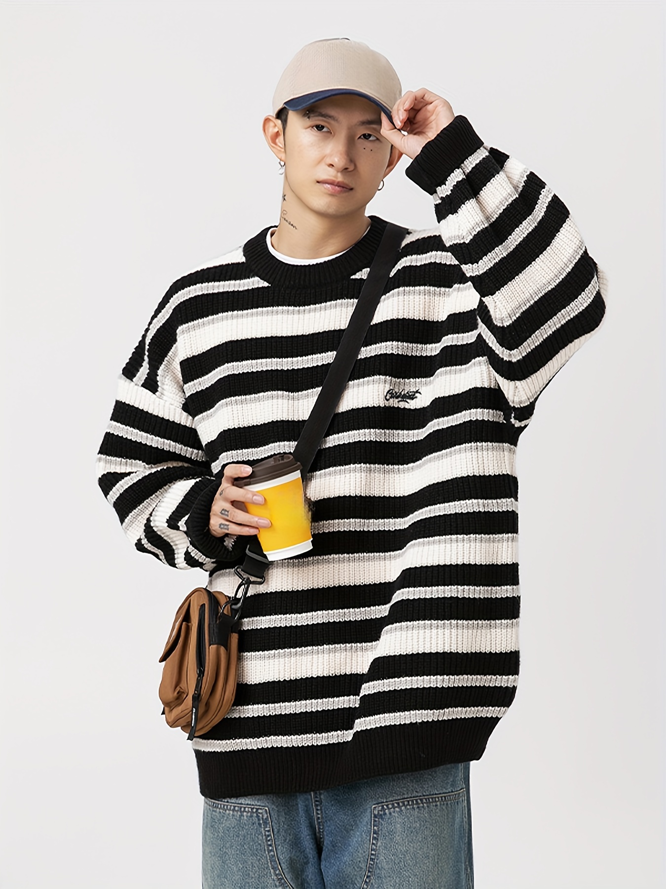 Men s Baggy Striped Knitted Pullover Casual Long Sleeve Crew Temu Portugal