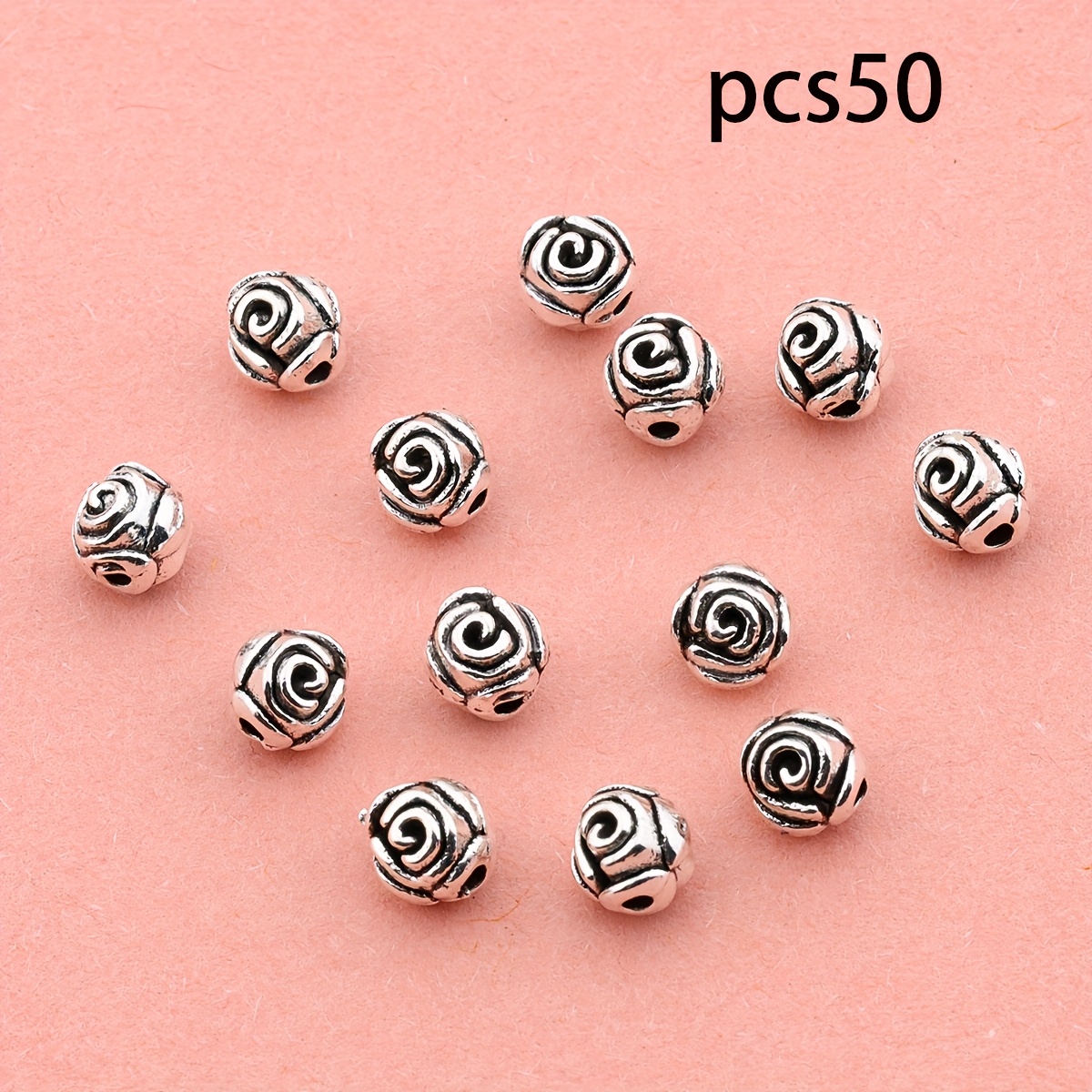 E-shop 50 Stück Runde Rosenmuster-Legierungsperlen - DIY Schmuckherstellung Kleine Runde Lose Perlen, Geeignet für Ohrringe, Halsketten, Armbänder -