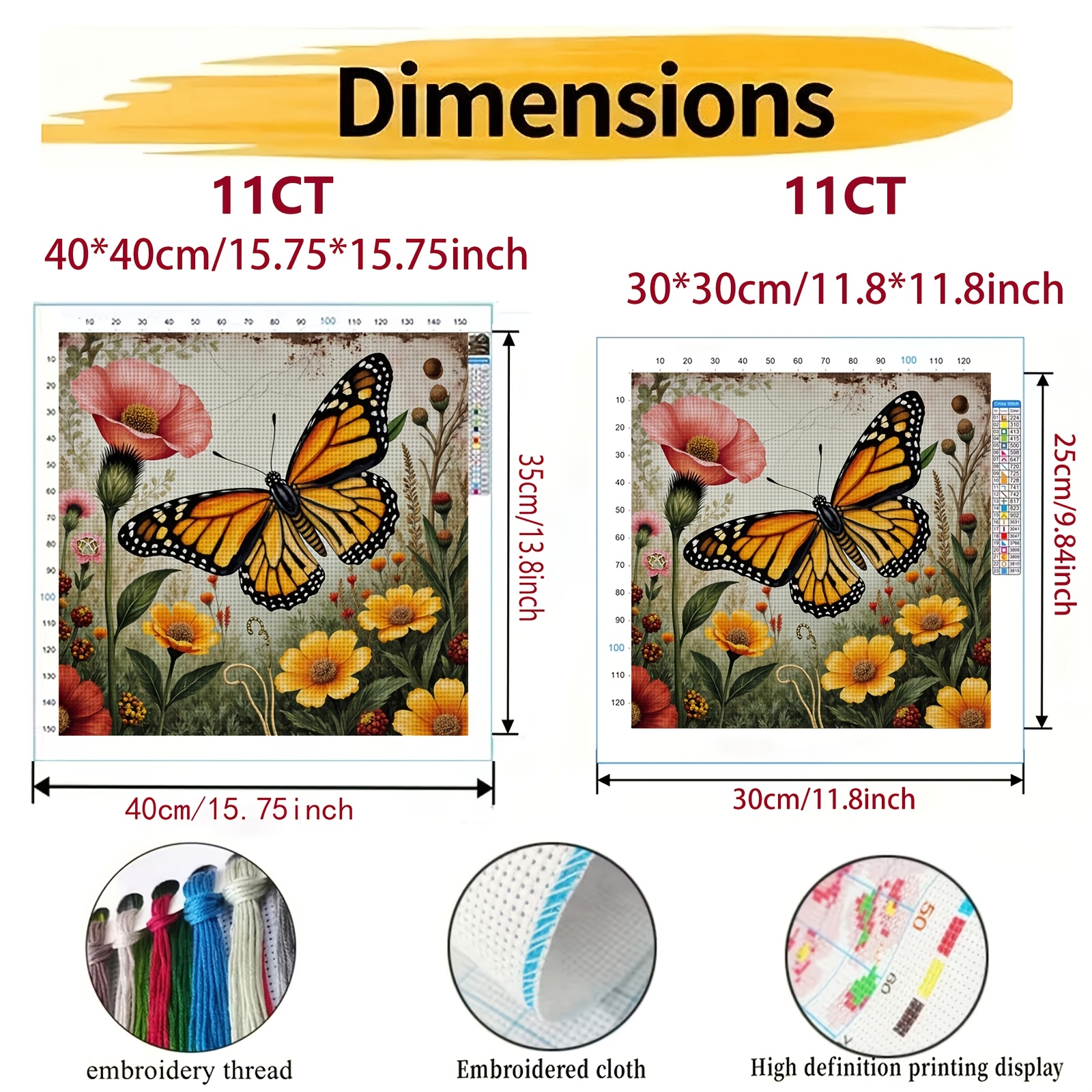 DIY Cross-stitch Printed Kit, Unframed, "Butterflies Among Flowers" Pattern