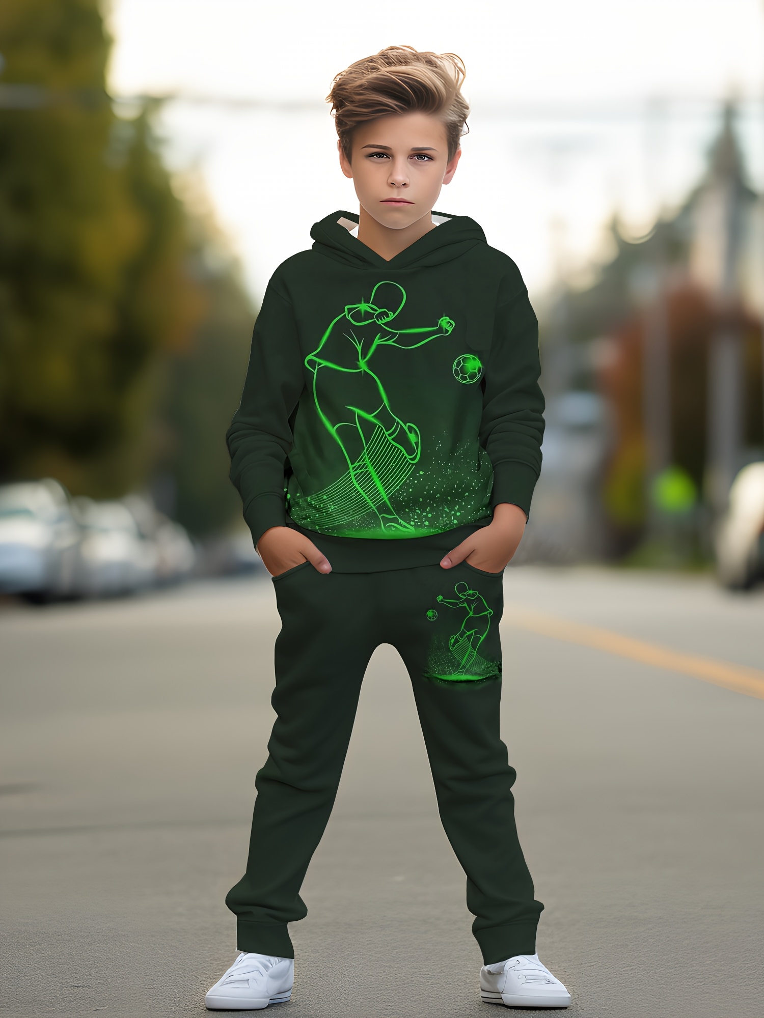 jongens coole voetbal 3d print hoodie joggers set casual Temu