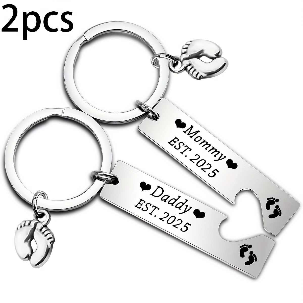 TEMU 2pcs/set Long Strip Stainless Steel Keychain Pregnancy Announcement Gift For Dad And Mom Est 2023 Keychain Set New Parents Gift For Parents