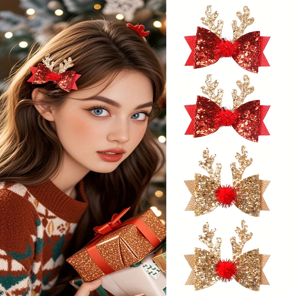 

2pcs Women's Christmas Hair Clips, Glitter Reindeer Antlers Bow, Bohemian Style, One-size, Assorted Colors, Accessories For Christmas Parties