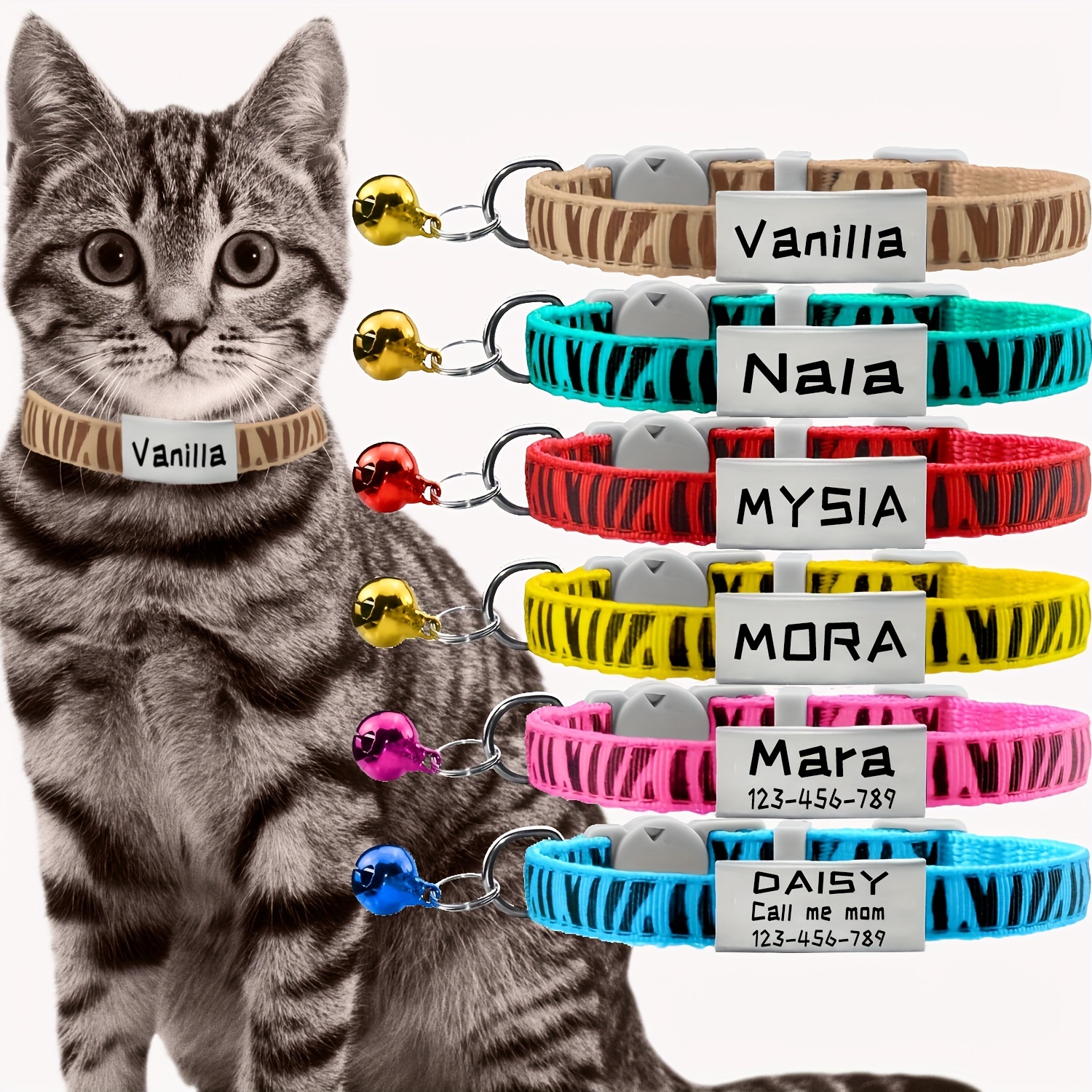 

Customizable Striped Nylon Cat Collar With Safety Breakaway Clasp, Bell & Personalized Name Tag - Adjustable For Kittens & Cats, Your Feline Safe & Stylish!, Kitten Collar