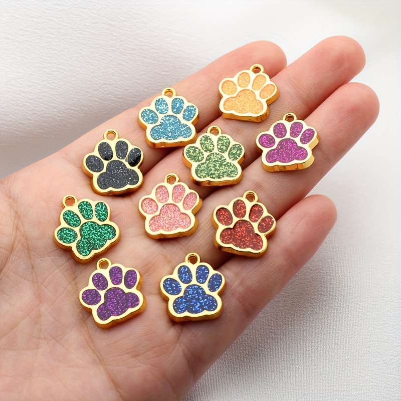 

10pcs Pet Collar Charms Assorted Glitter Paw Print Tags, Customizable Engravable Small Dog Cat Id Zinc Alloy Pendants