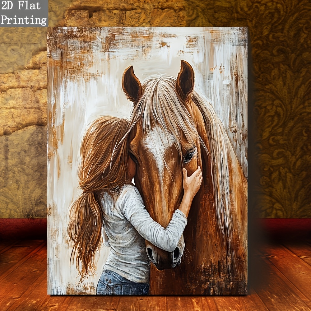 TEMU sur toile encadré en bois 2D plat, 2D plat, 2D 1pc - Impression émouvante d'un cheval et d'une fille, décoration intérieure moderne adaptée aux