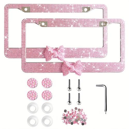 1pc 2pcs pink shiny license plate frame acrylic cute bow tie decoration sparkling frame made of stainless steel material acrylic hand drilled for for women and girls