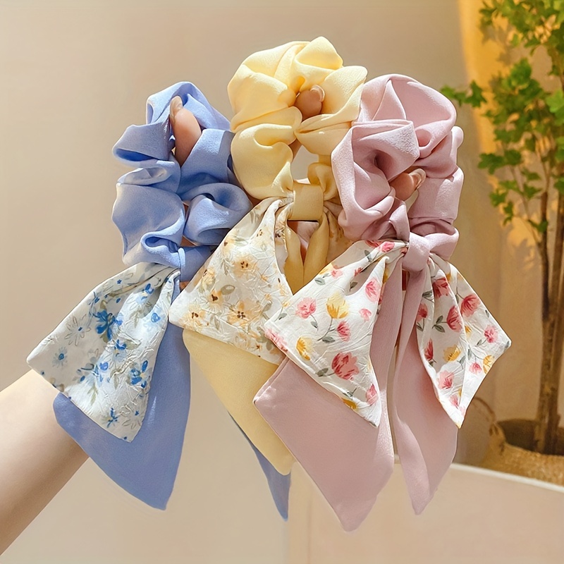 【TATIANA】Ribbon Bouquet Scrunchies(2色) Ribbon Hair Scrunchies Printed Satin Silk Hair Scarves