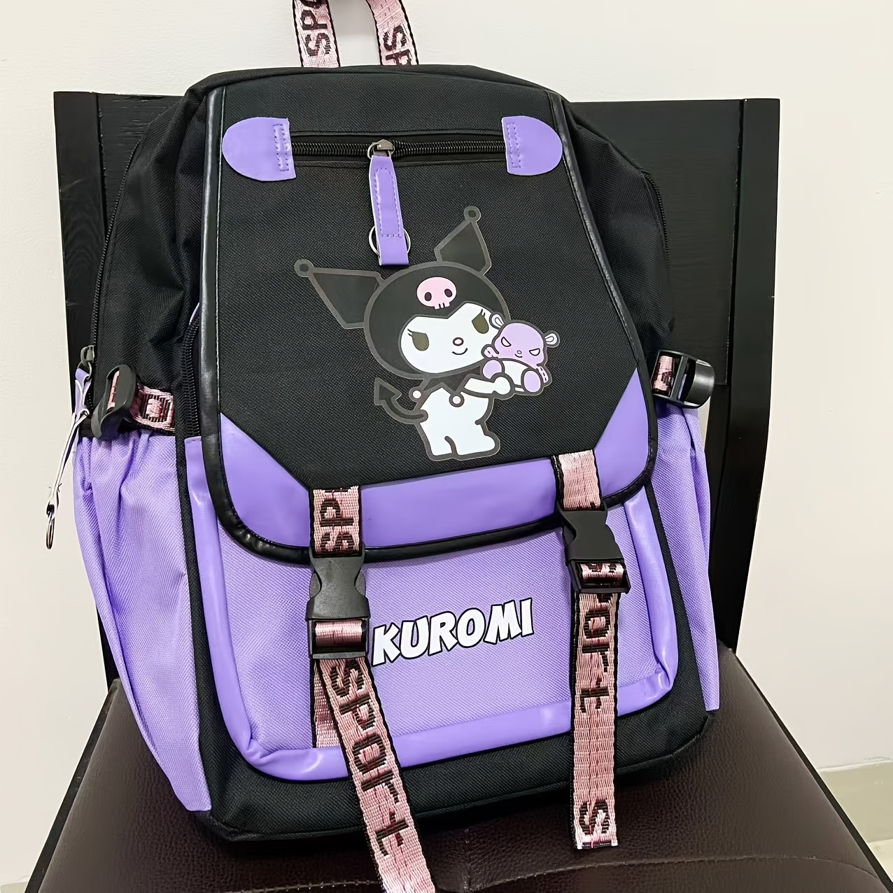 

Sanrio Hello Kitty Kuromi Large Capacity Notebook Bag - Cute, Casual Travel Backpack With Adjustable Straps, Zip Closure, Polyester Lining, Black - Ideal Christmas Gift