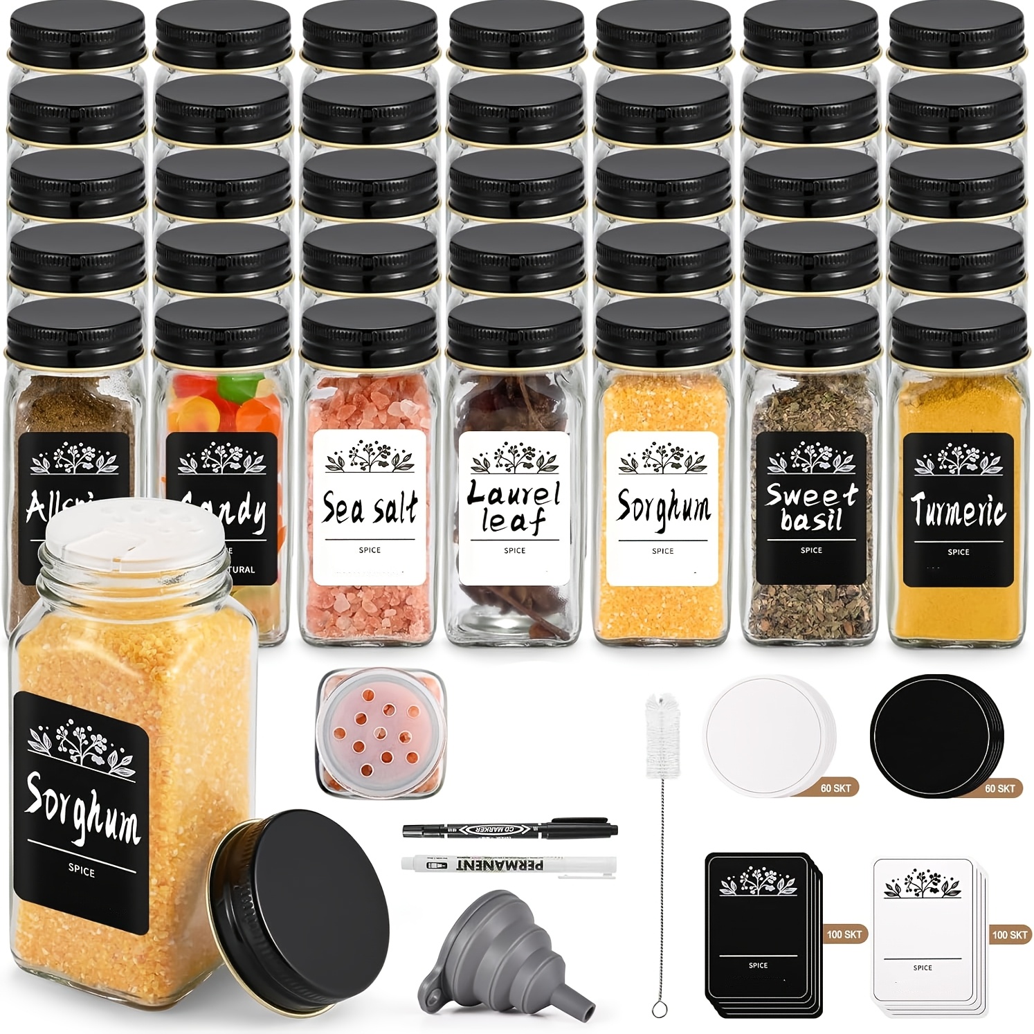 Set Of 35 Miorkly Square Spice Jars, With Diy Spice Labels, 120ml Spice Jars, Including Sprinkle Inserts, Chalk, Funnel, And Brush, Black Lids
