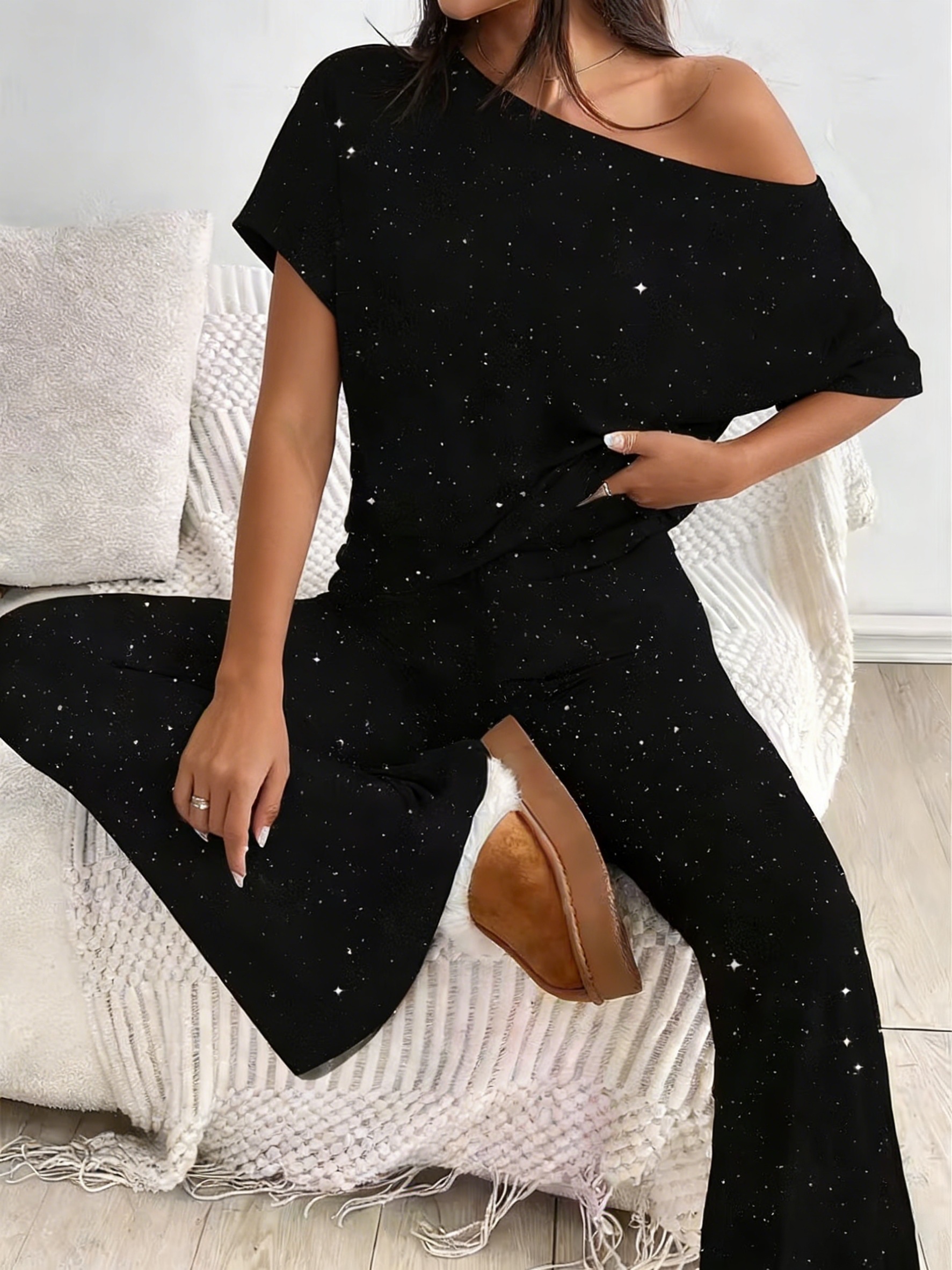 womens spring summer silvery glitter   shoulder neckline loose short sleeve top with flared long pants 2pcs set