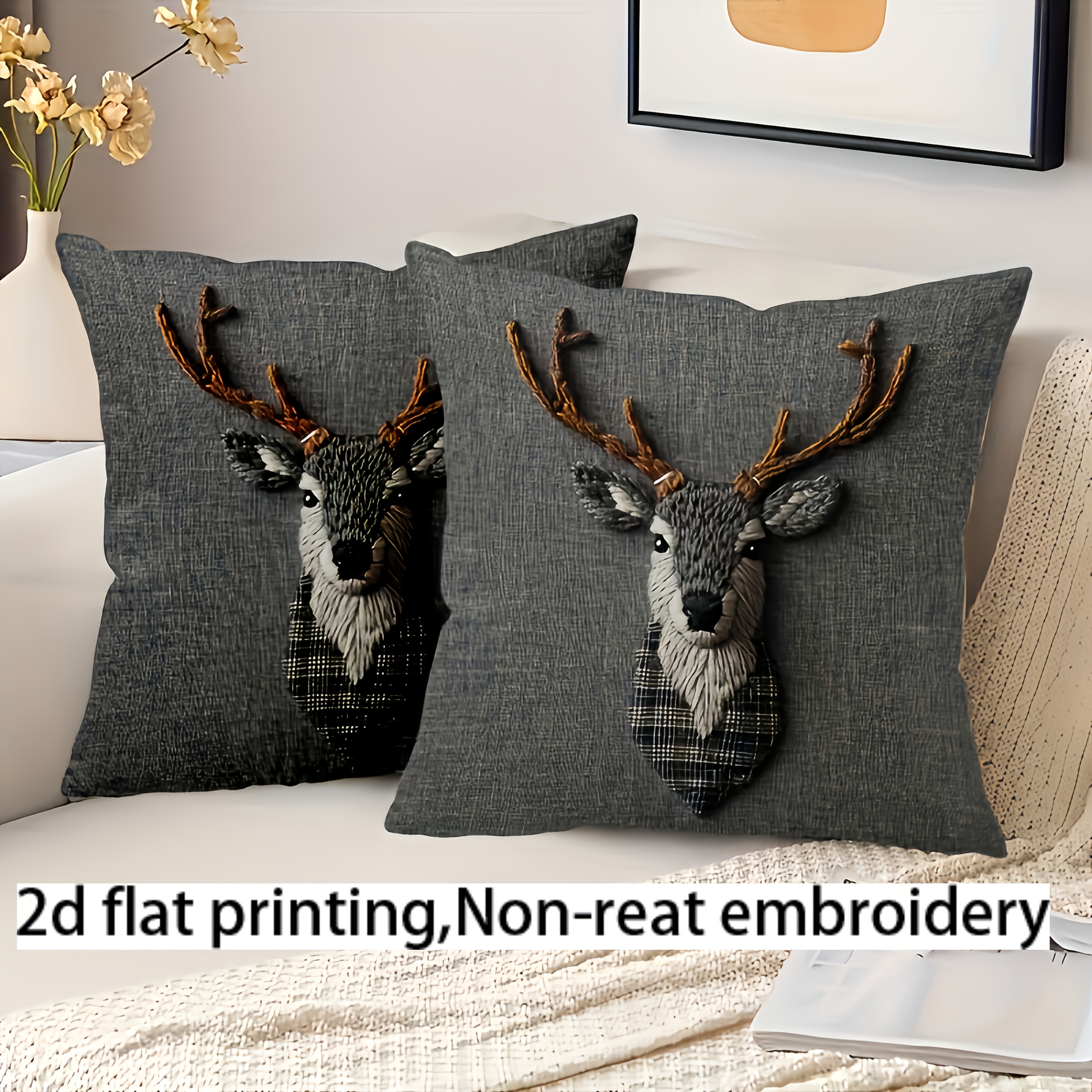 TEMU 2d Flat - 2pcs 2d Gray Reindeer Pillowcases, Vintage Style, 18-inch Square, Zipper Closure, Machine Washable - Perfect For Christmas Decor
