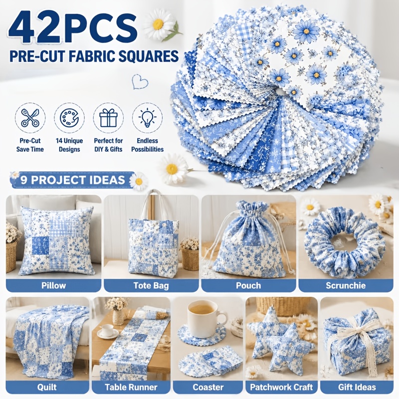 42pcs 14   blue multicolor diy craft kit pre cut square and rectangular pieces pre cut   mini bag nostalgic color printed   material vintage floral print suitable for sewing   and diy crafts