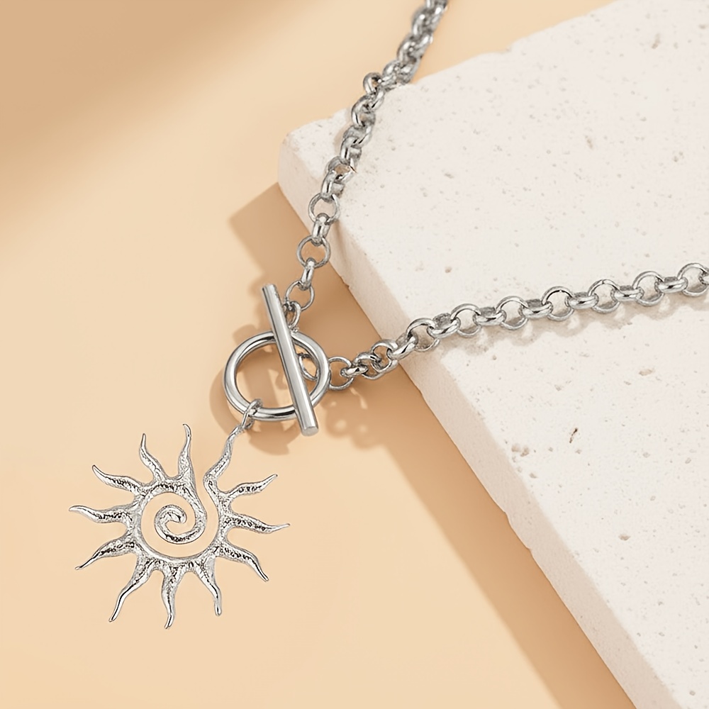 TEMU 1pc Stainless Steel Thick Chain Ot Women's Clavicle Necklace, Retro Spiral Sun Pendant, American Vacation Lazy Style Warm, Suitable For Daily