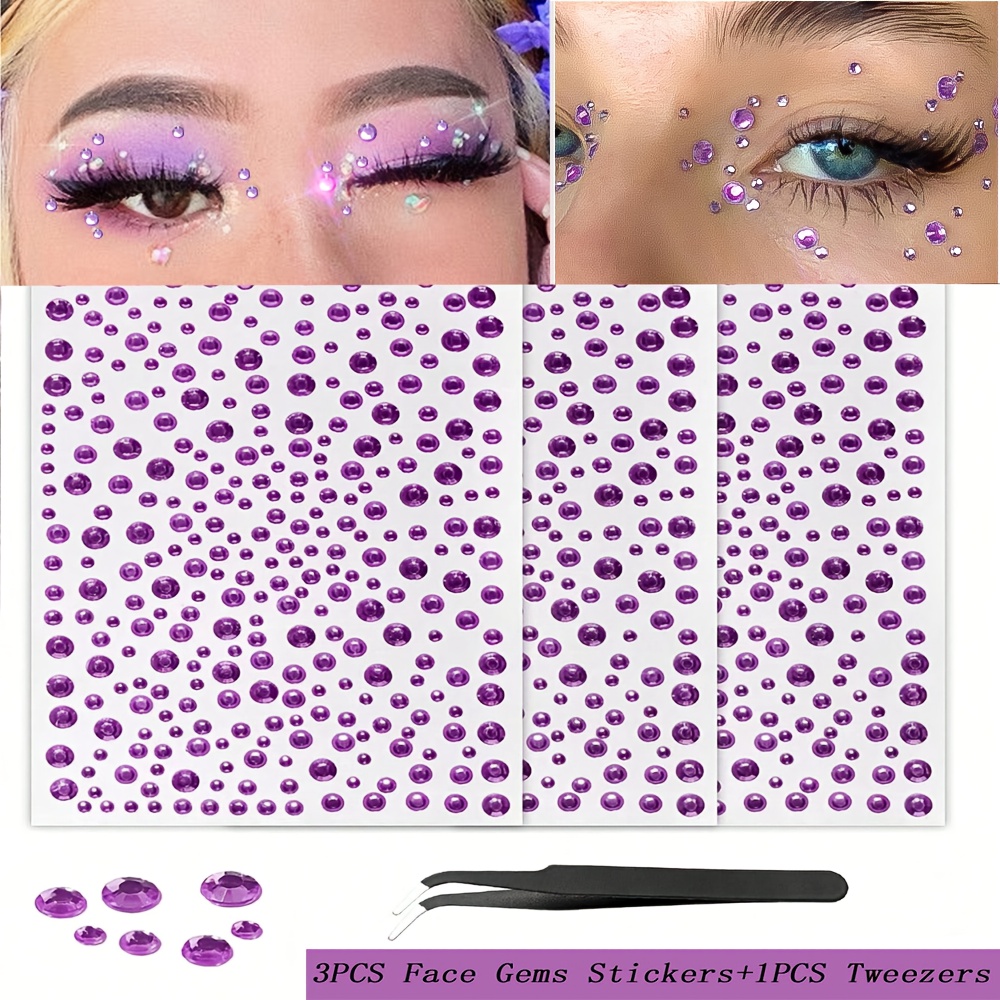 Image of 3pcs Purple Rhinestone Face Gems Stickers Set With Tweezers, Face Jewels Hair Gems Festival Essentials Rave Additions Rhinestone Stickers For Face, Eye, Women, Parties – Ideal For Makeup Enthusiasts