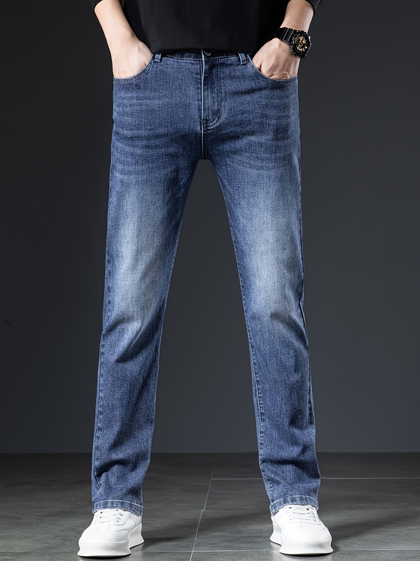 Men'S Slim-Fit Blue Jeans - Solid Color, Stretchy Blend, Washed for Comfort, Perfect for Casual Wear, an Ideal Gift for a Husband Or Boyfriend