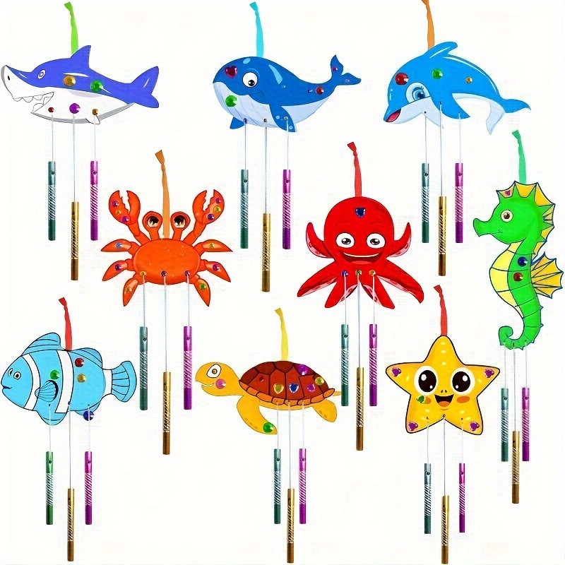 

9pcs/set, Diy Craft Kit For Marine Animal Wind Chime Making Wooden Wind Chime Art Festival Party Gift Decoration