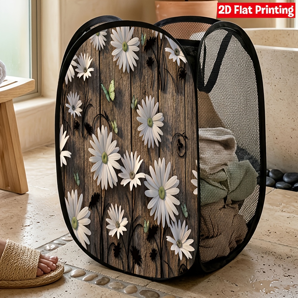 TEMU 1 panier à linge pliable en bois avec motif de marguerites et fond en , solution de rangement pop-up pour chambre à coucher, salle de bain et