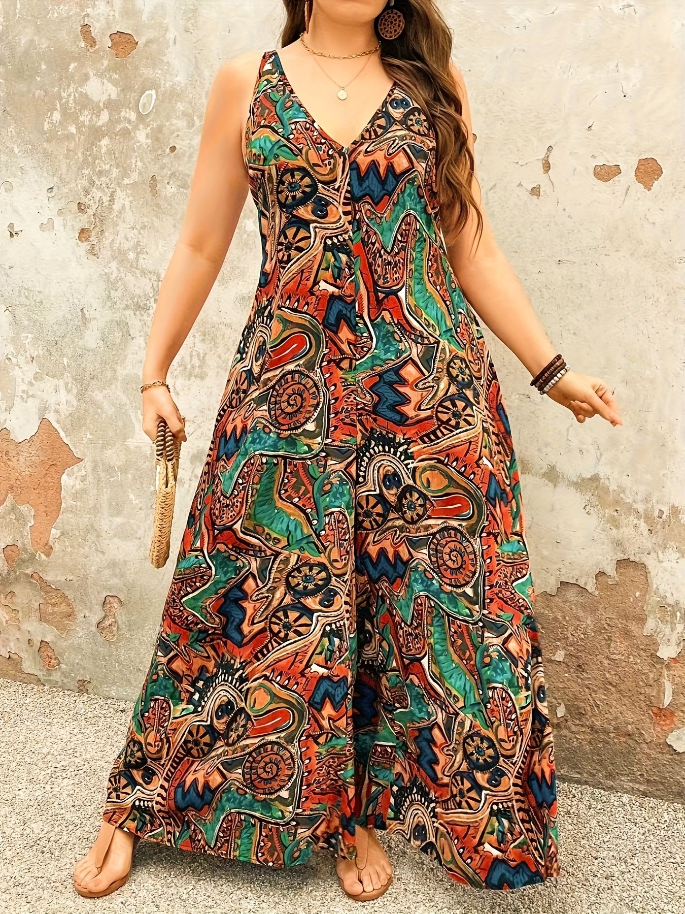 boho chic summer v neck sleeveless jumpsuit plus size floral
