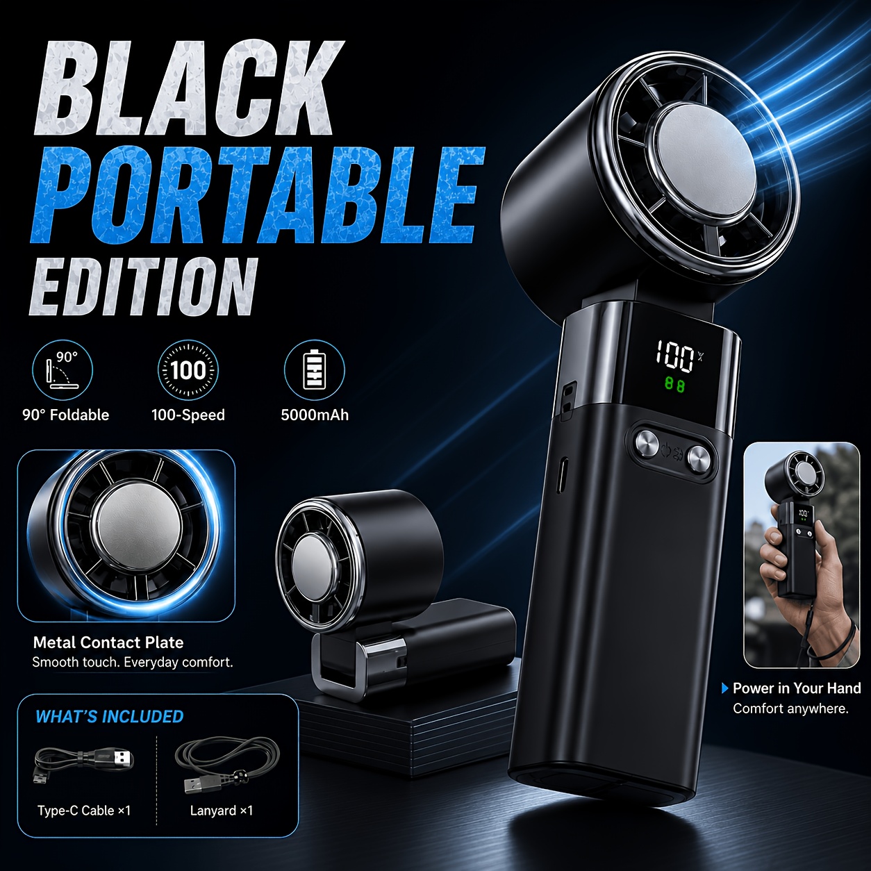 TEMU 5000mah Portable Mini Fan Rechargeable, Handheld Cooling Fan With Ice Plate, 100 Led Digital Display, Usb-c Foldable Desk Fan With Lanyard For