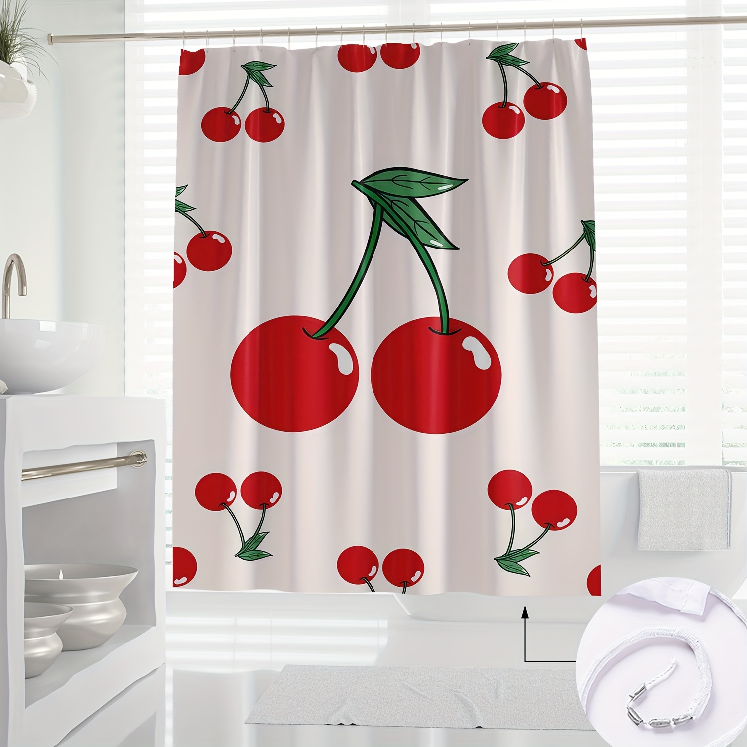 

Hand-painted Cherry Design Digital Print Shower Curtain, 1pc Water-resistant Polyester Bathroom Decor With Hooks, Machine Washable, Novelty Arts Theme Knit Weave, Partially Lined - All Season