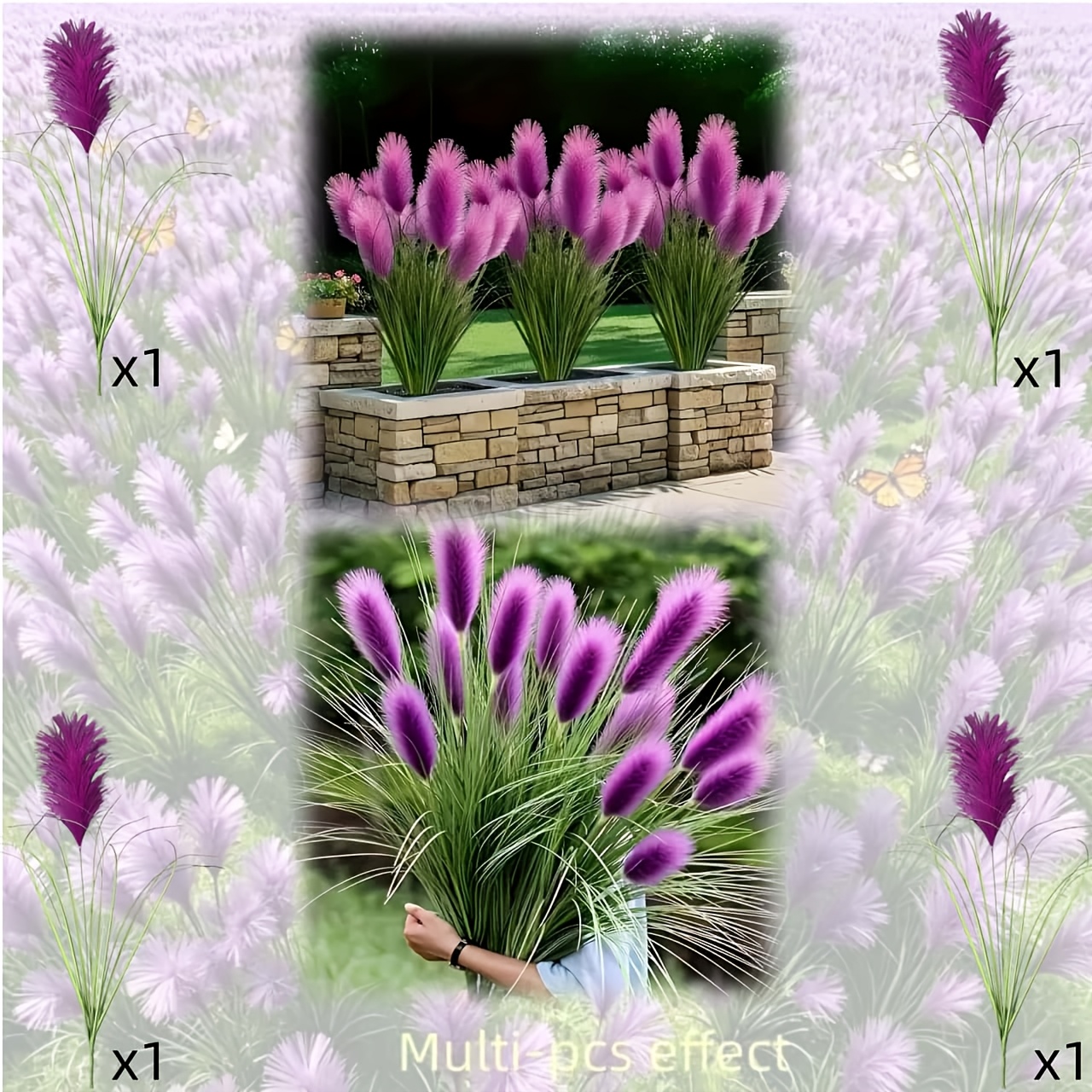 TEMU 4pcs Large Size 59.96cm Tall Purple Pampas Grass With Reed , Realistic Outdoor Plastic Plants - No Container Needed, Maintenance-free. Suitable