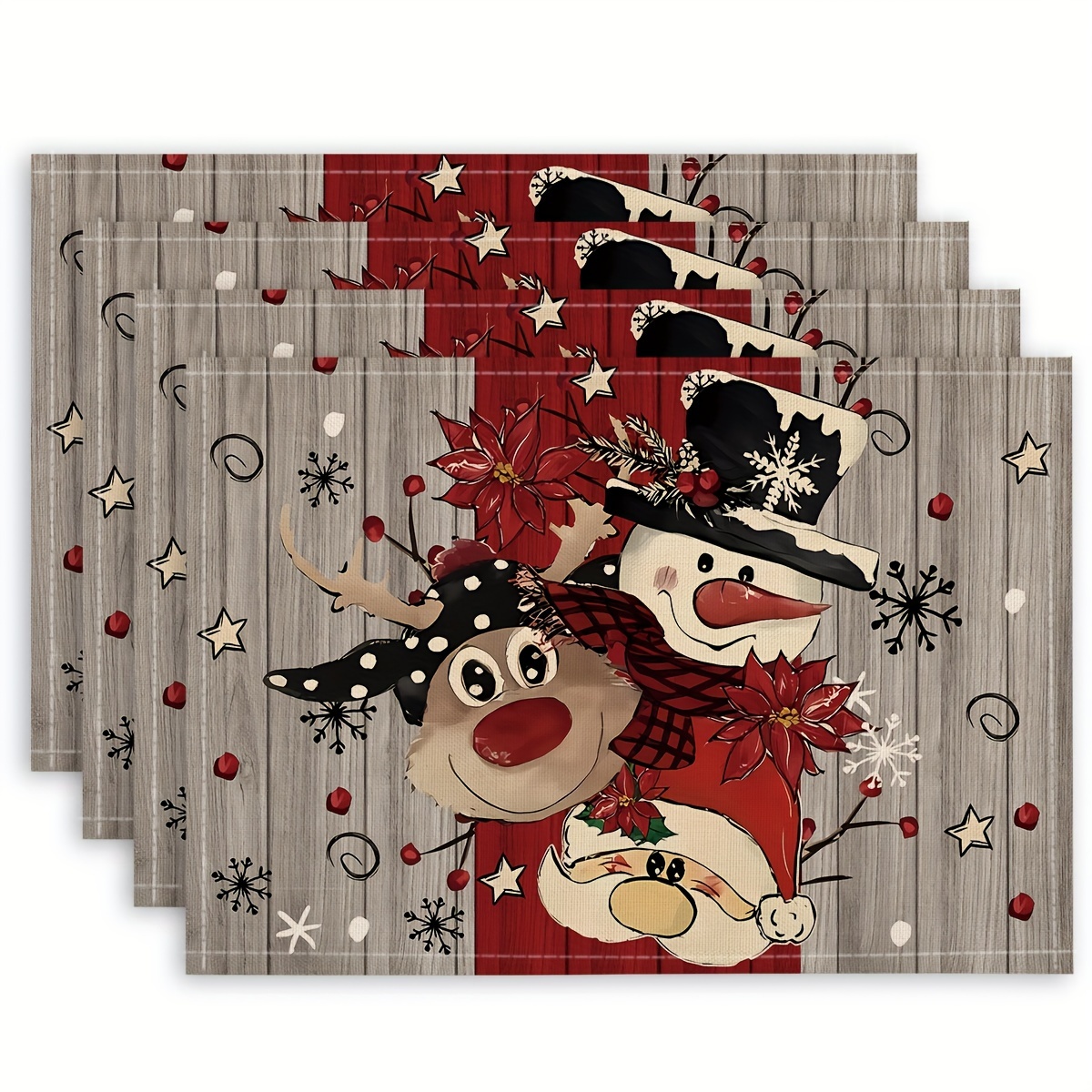 

4pcs/1pc Christmas Snowman Elk Wood Printed Linen Placemat, Oil- Tableware Mat Mat 16.53 *12.6