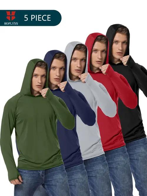 5pcs mens athletic hoodie shirts long sleeve moisture wicking breathable polyester blend hooded design for casual fishing activities gray red black